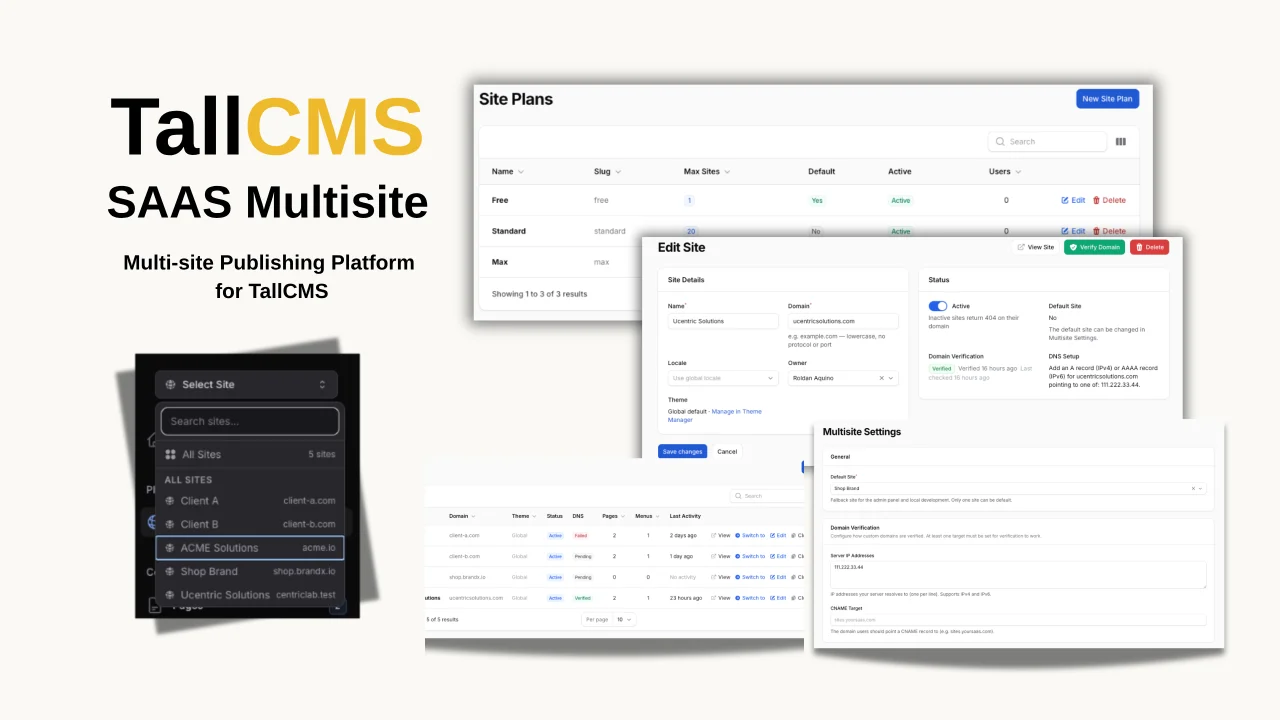 TallCMS SAAS Multisite   plugin screenshot