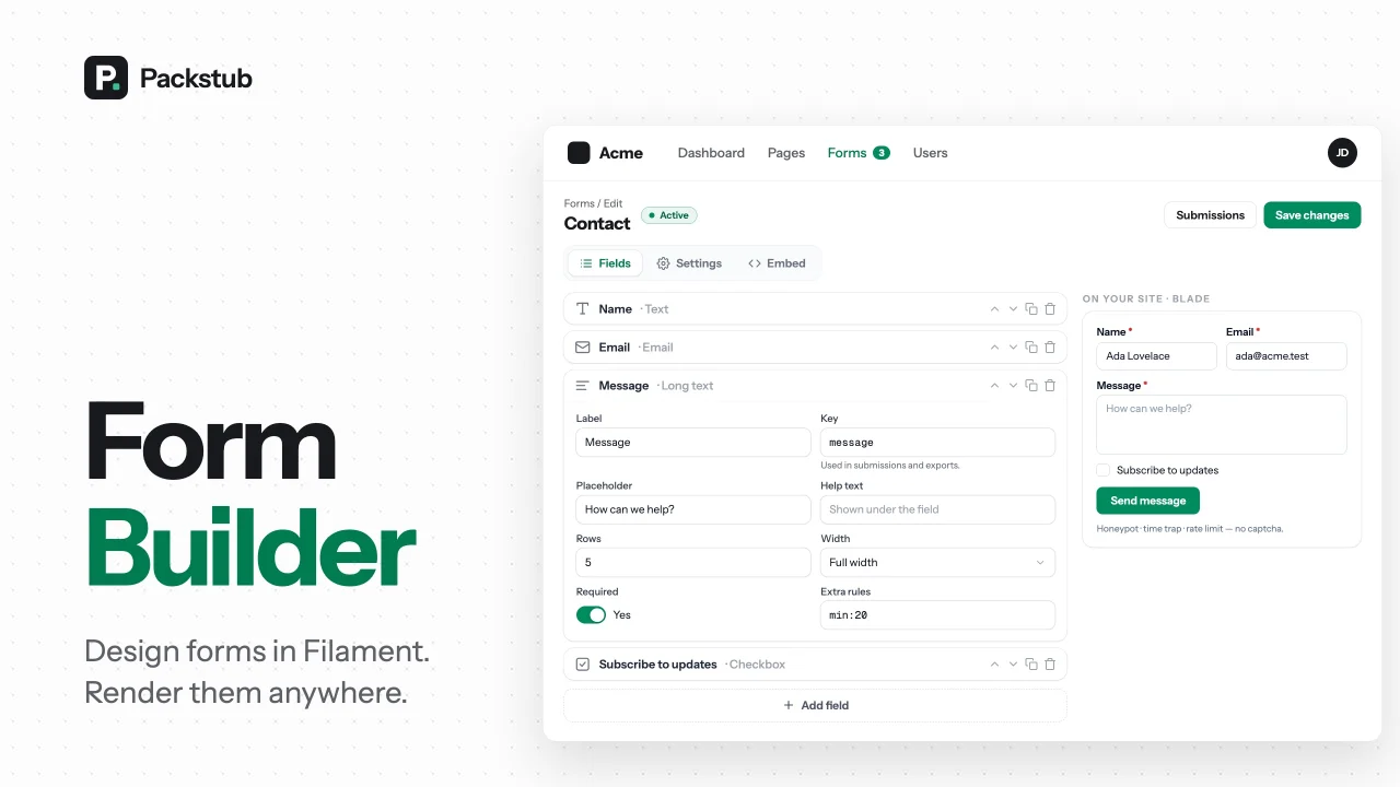 Packstub Form Builder plugin screenshot