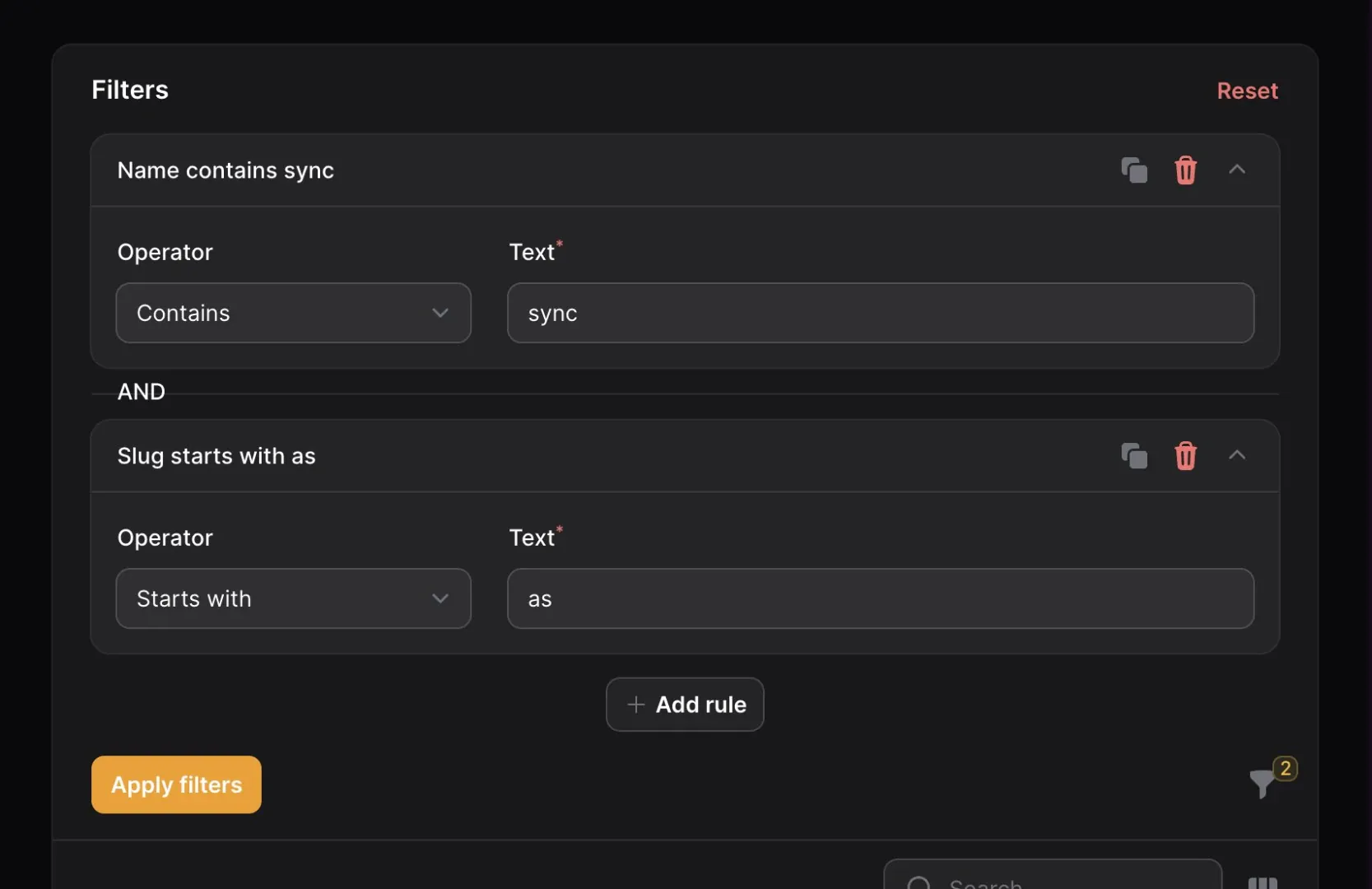 A screenshot of the deferred table filters UI