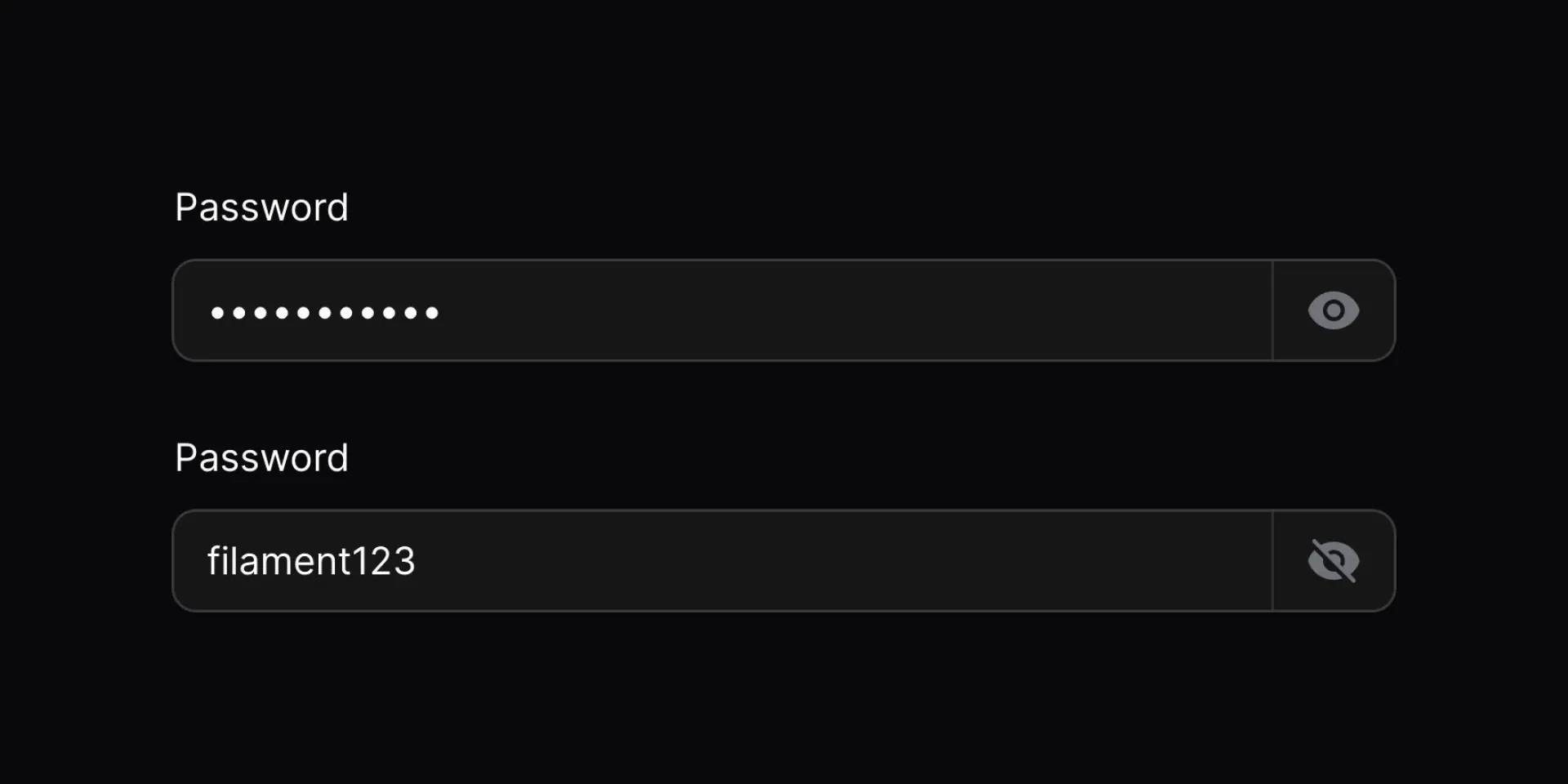 A screenshot showing the different states of the revealable password fields