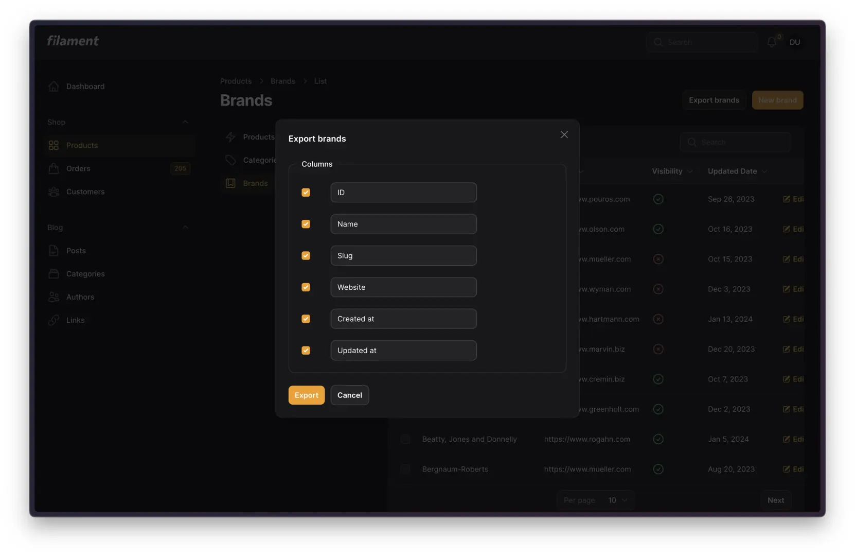 A screenshot of the list of potential columns to be exported